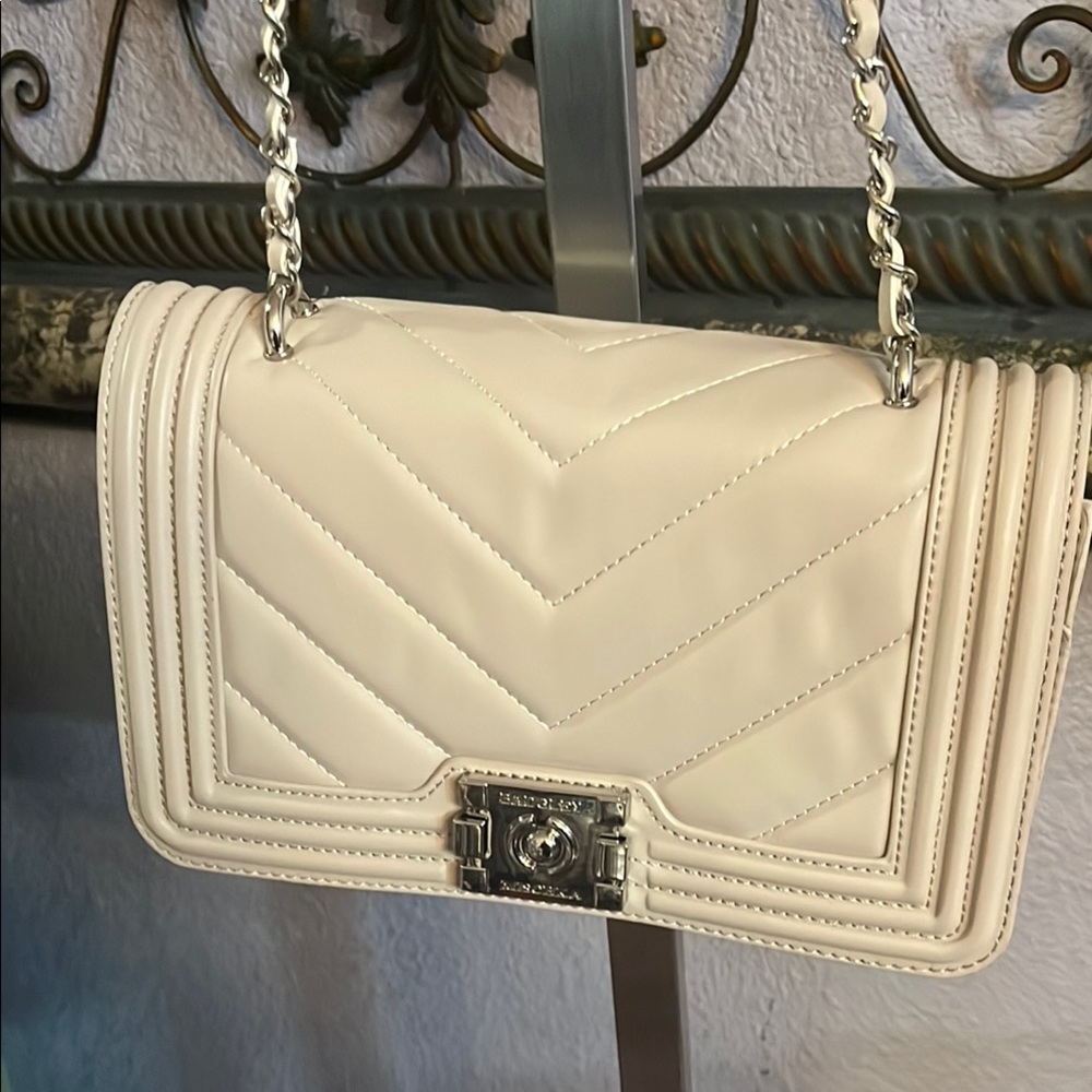 NWT Bradley Miscka Cream Quilted Vegan Leather Shoulder Bag with Chain Strap